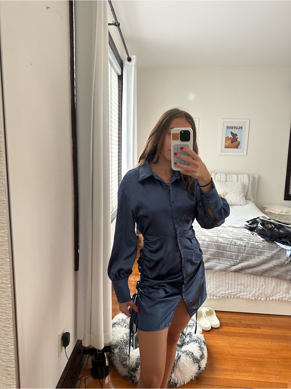 Satin Ruched Shirt Dress - Navy